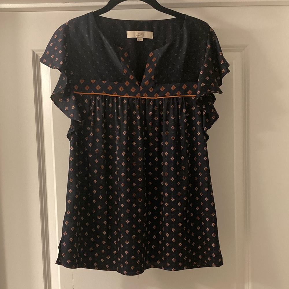 LOFT Navy and Brown Ruffled Flutter Sleeve Blouse